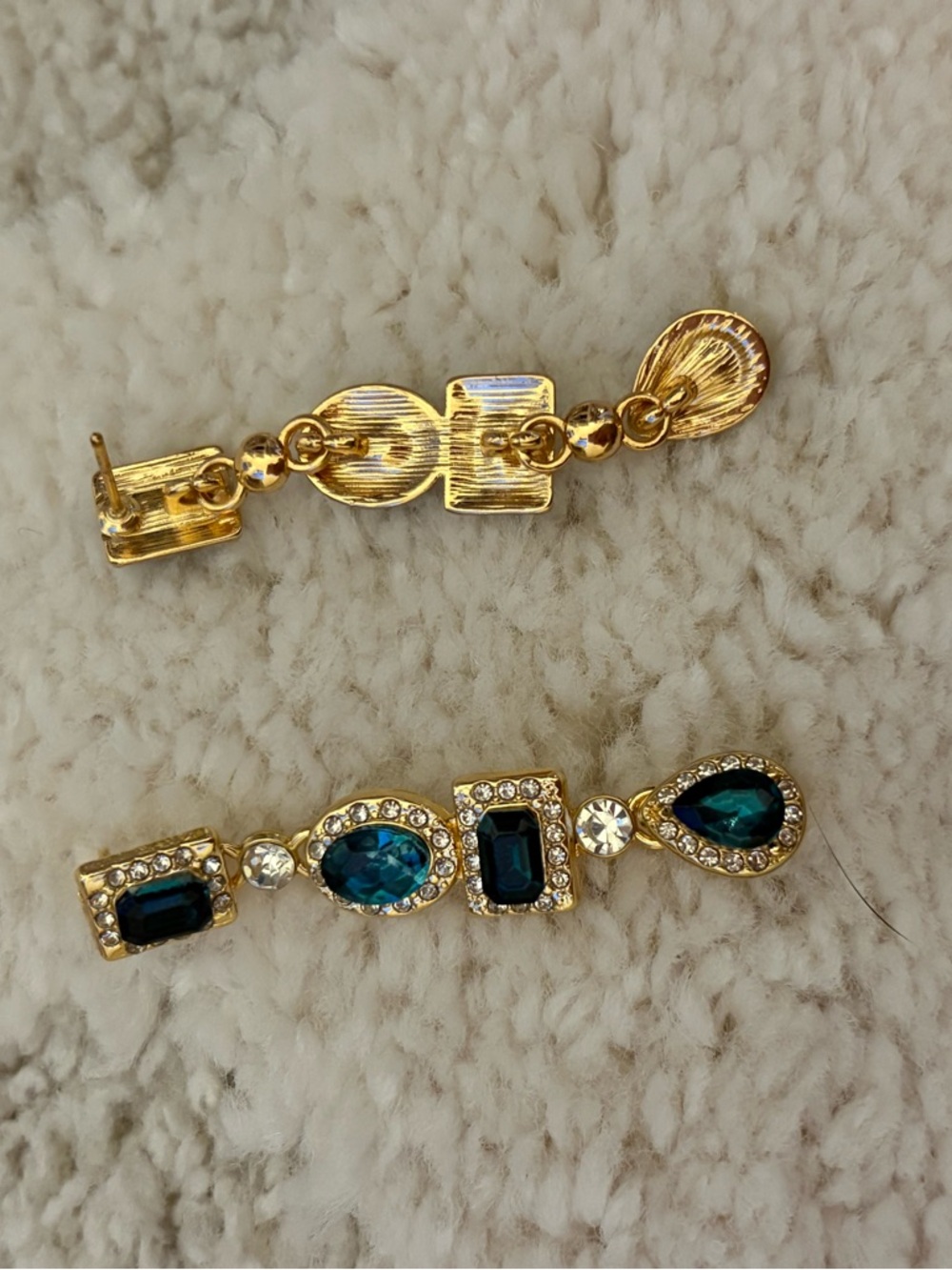 Emerald Green Statement Drop Earrings Gold Rhinestone Glam - Picture 9 of 12